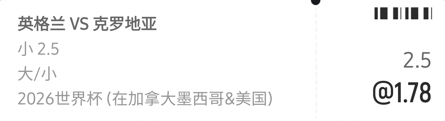英格蘭 vs 克羅地亞 全場 2.5 入球細 投注確認