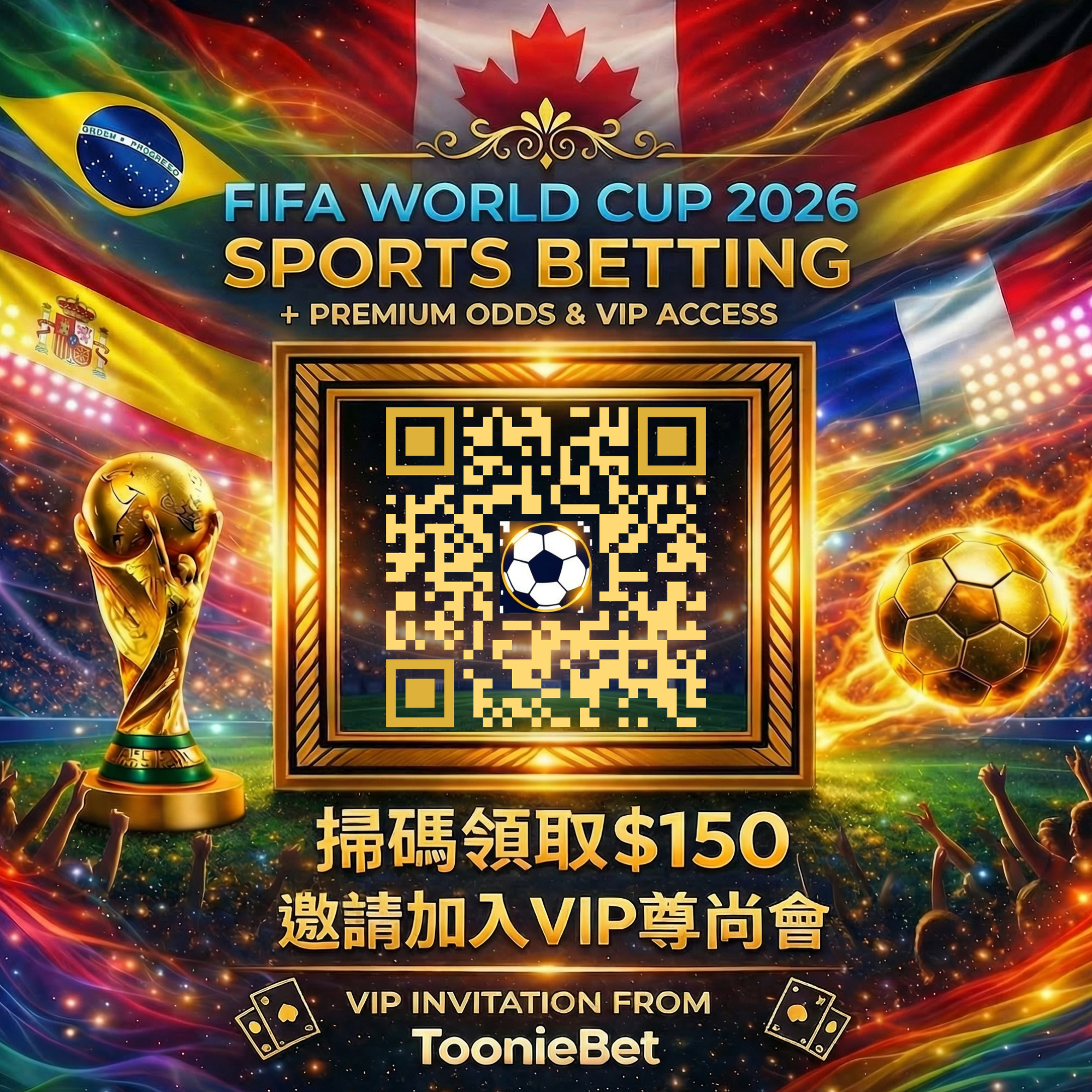 ToonieBet 世界盃投注 · 掃碼領取$150 · 邀請加入VIP尊尚會