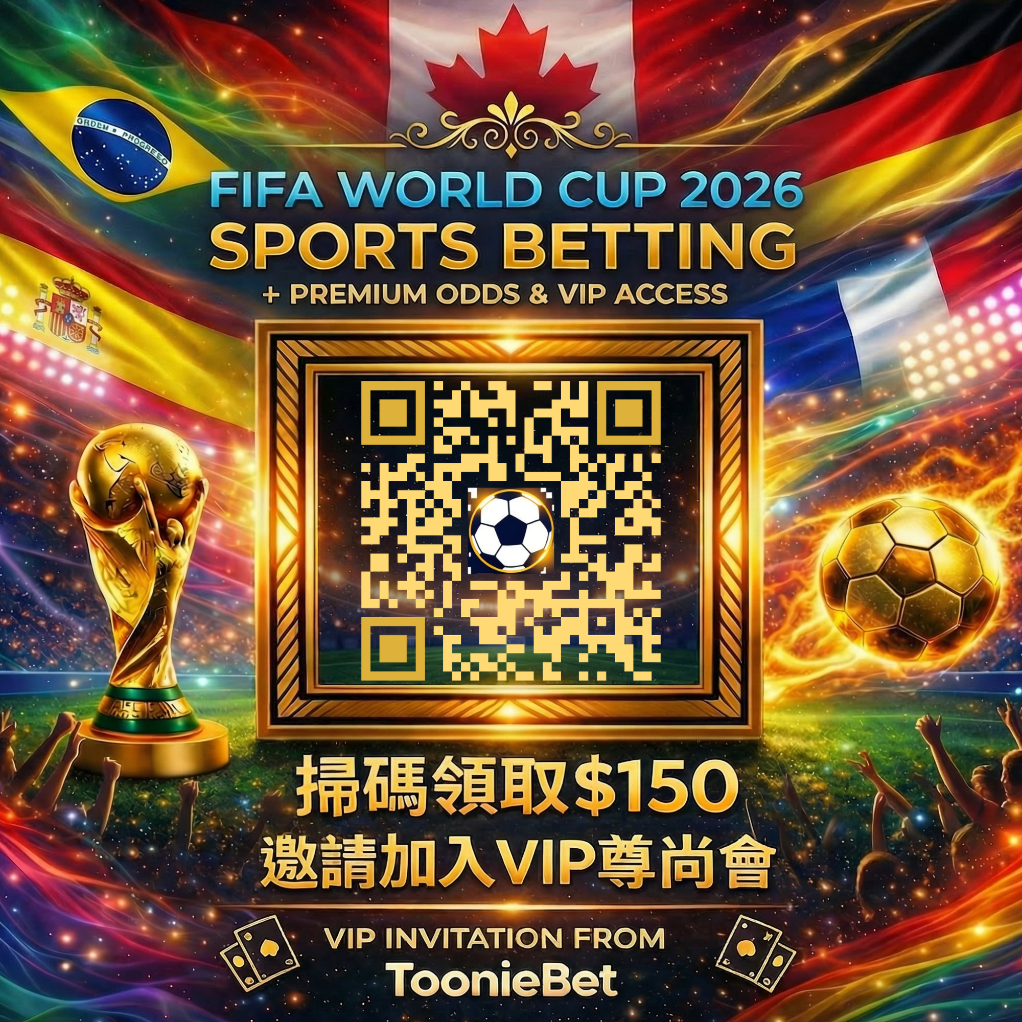 ToonieBet 世界盃投注 · 掃碼領取$150 · 邀請加入VIP尊尚會
